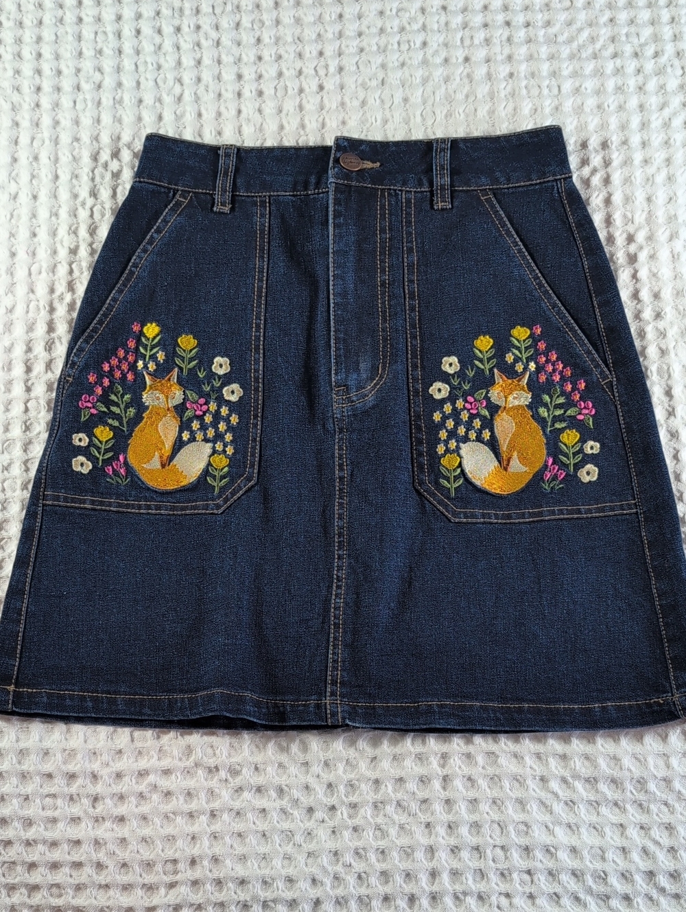Modcloth X Princess Highway Embroidered Fox Dark Blue Denim A-Line Skirt Size 6
